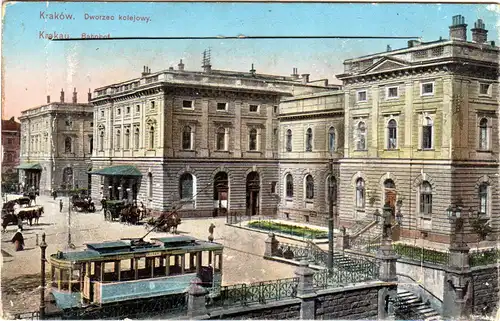 Polen Krakau, Bahnhof m. Tram Bahn, ungebr. Leporello Farb-AK m. 10 sw-Bildern 