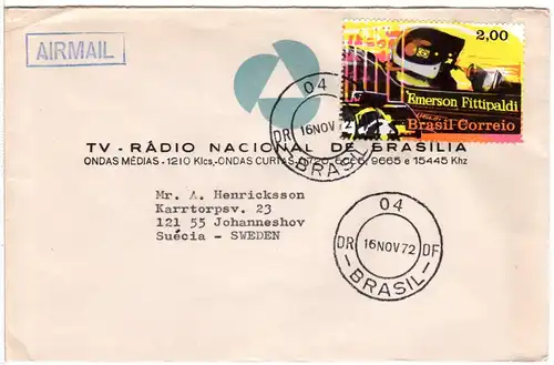 Brasilien 1972, Emerson Fittipaldi Formel 1 Marke auf Luftpost Brief n. Schweden