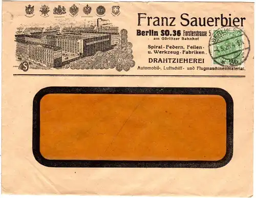 DR 1923, 40 Mk. auf illustriertem F. Sauerbier Firmen Umschlag v. Berlin