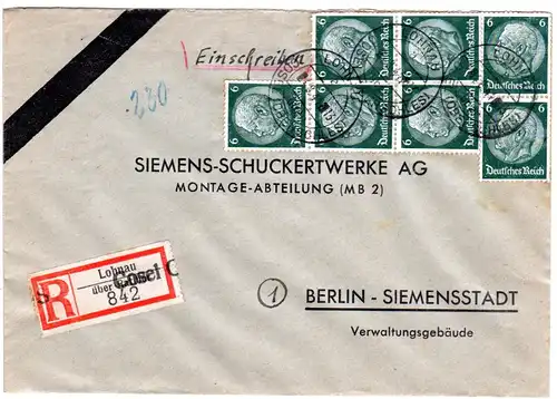 DR 1944, MeF 7x6 Pf. auf Einschreiben Brief m. Not-Rekozettel Lohnau über Cosel