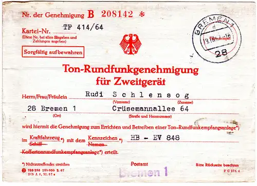 BRD 1967, Formular Rundfunkgenehmigung f. Zweitgerät  m. Stempeln v. Bremen