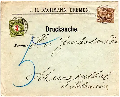 DR 1901, 3 Pf. Germania Reichspost auf Brief v. Bremen m. Schweiz 5 C. Porto