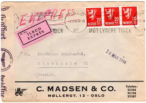 Norwegen 1944, 3x20 öre auf Express Zensur Brief v. Oslo n. Schweden