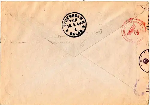 Norwegen 1944, 3x20 öre auf Express Zensur Brief v. Oslo n. Schweden