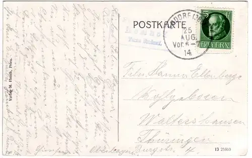 Bayern 1914, Posthilfstelle HEMHOF Taxe Endorf auf Fraueninsel AK m. 5 Pf.