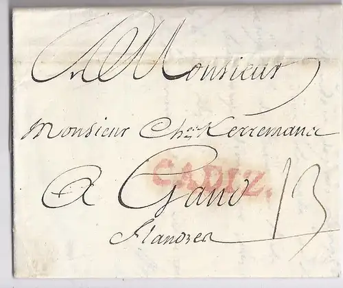 Spanien Belgien 1789, Porto Brief m. kpl. Inhalt v. L1 Cadiz (rot) n. Gand. #339