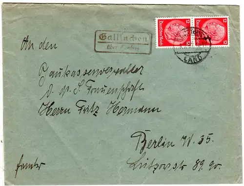 DR 1937, Landpost Stpl. GALLINCHEN über Cottbus auf NSDAP Brief m. 2x12 Pf.