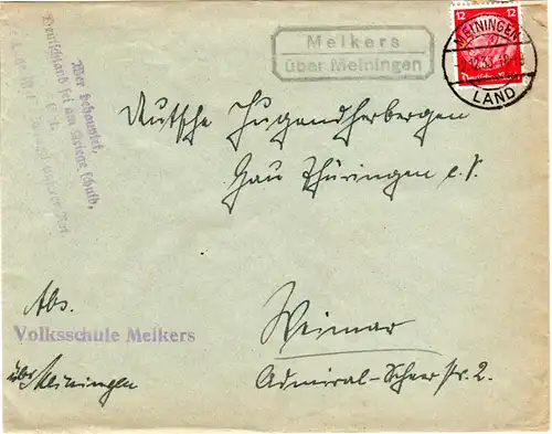 DR 1933, Landpost Stpl. Melkers über Meiningen auf Brief m. Propaganda Stpl.