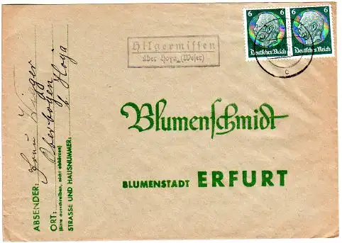 DR 1937, Landpost Stpl. HILGERMISSEN über Hoya (Weser) auf Brief m. 2x6 Pf.