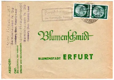 DR 1937, Landpost Stpl. BERNDSHAUSEN über Homberg auf Brief m. 2x6 Pf.
