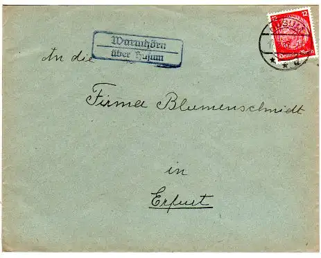 DR 1937, Landpost Stpl. WARMHÖRN über Uchte Husum auf Brief m. 12 Pf.