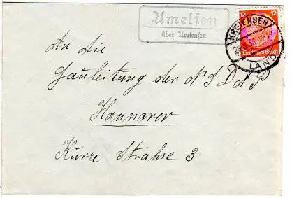 DR 1933, Landpost Stpl. AMELSEN über Kreiensen auf Brief m. 12 Pf.
