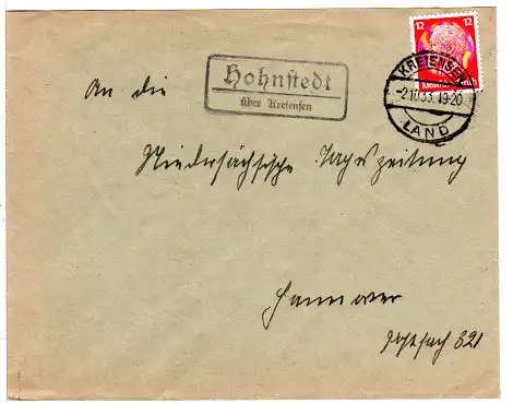 DR 1933, Landpost Stpl. HOHNSTEDT über Kreiensen auf Brief m. 12 Pf.