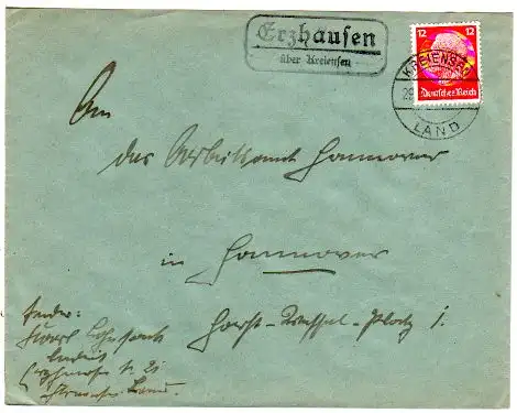 DR 1933, Landpost Stpl. ERZHAUSEN über Kreiensen auf Brief m. 12 Pf.