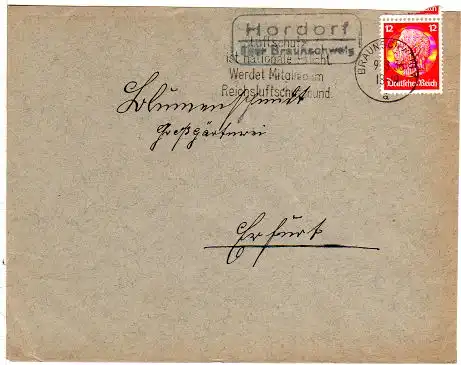 DR 1936, Landpost Stpl. HORDORF über Braunschweig auf Brief m. 12 Pf.