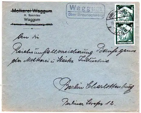 DR 1935, Landpost Stpl. WAGGUM über Braunschweig auf Molkerei Brief m. 2x6 Pf.