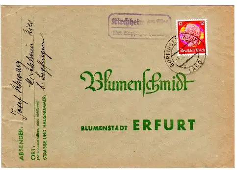 DR 1937, Landpost Stpl. KIRCHHEIM AM RIES über Bopfingen auf Brief m. 12 Pf.