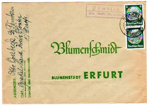 DR 1937, Landpost Stpl. PÖMBSEN über Brakel (Kr. Hörter) auf Brief m. 2x6 Pf.