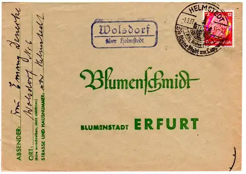 DR 1937, Landpost Stpl. WOLSDORF über Helmstedt auf Brief m. 12 Pf.