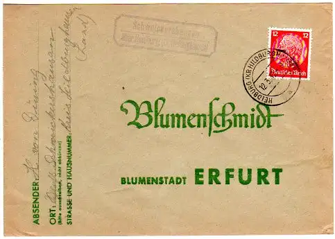 DR 1937, Landpost Stpl. SCHWEICKERSHAUSEN über Heldburg auf Brief m. 12 Pf.