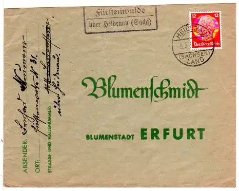 DR 1936, Landpost Stpl. FÜRSTENWALDE über Heidenau auf Brief m. 12 Pf.