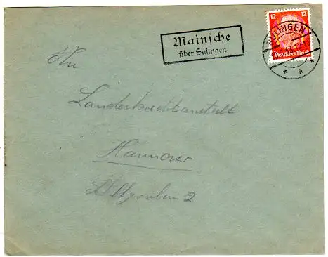 DR 1933, Landpost Stpl. MAINSCHE über Sulingen auf Brief m. 12 Pf. orange.