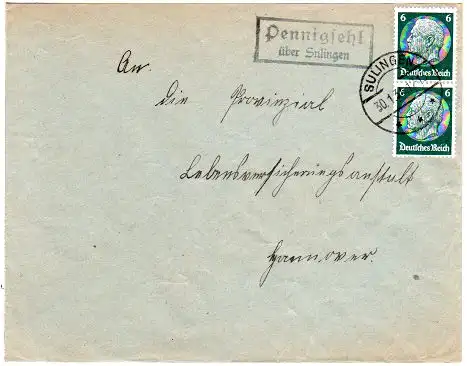 DR 1934, Landpost Stpl. Pennigsehl über Sulingen auf Brief m. 2x6 Pf.