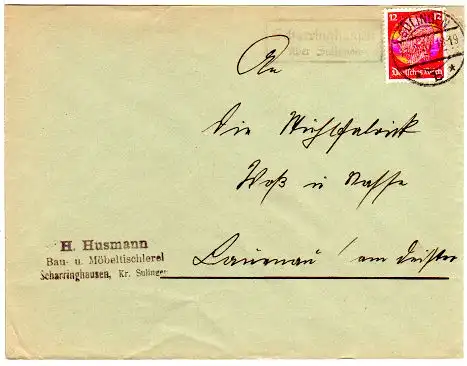 DR 1937, Landpost Stpl. SCHARRINGHAUSEN über Sulingen auf Firmen Brief m. 12 Pf.