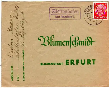 DR 1936, Landpost Stpl. STETTENHOFEN über Augsburg 2 auf Brief m. 12 Pf.