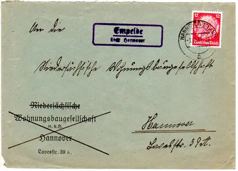 DR 1933, Landpost Stpl. EMPELDE über Hannover auf Brief m. 12 Pf.