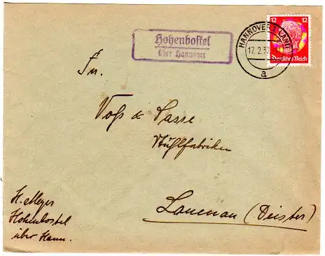 DR 1937, Landpost Stpl. HOHENBOSTEL über Hannover auf Brief m. 12 Pf.