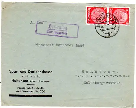 DR 1935, Landpost Stpl. HOLTENSEN über Hannover auf Bank Brief m. 2x12 Pf.