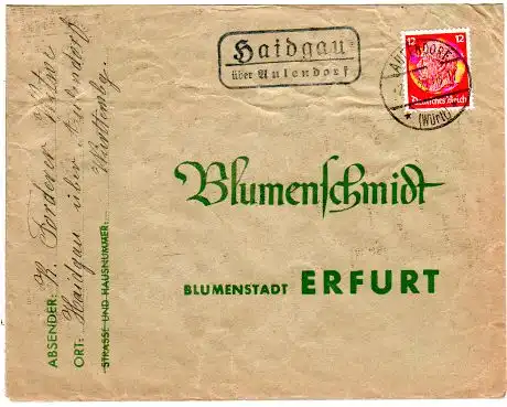 DR 1936, Landpost Stpl. HAIDGAU über Aulendorf auf Brief m. 12 Pf.