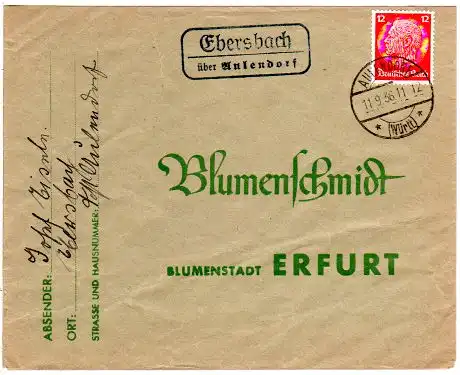 DR 1936, Landpost Stpl. EBERSBACH über Aulendorf auf Brief m. 12 Pf.