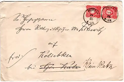 DR 1886, senkr. Paar 10 Pf. auf Brief m. Pommern-K1 ZEZENOW, heutiges Polen
