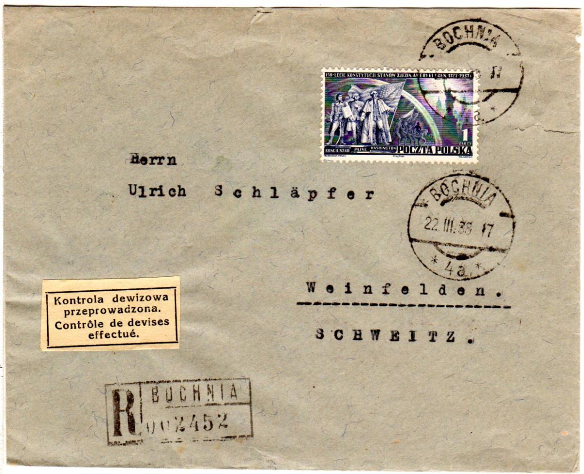 Polen 1938, 1 Zl. auf Einschreiben Brief v. Bochnia i.d. Schweiz m