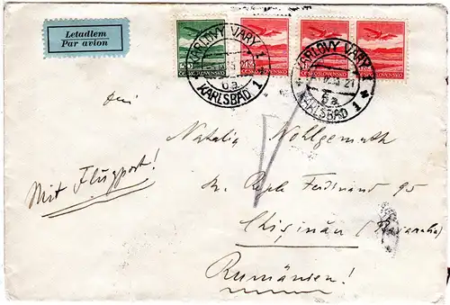 Tschechoslowakei 1933, 50 H.+3x1 K. auf Luftpost Brief v. Karlsbad n. Rumänien