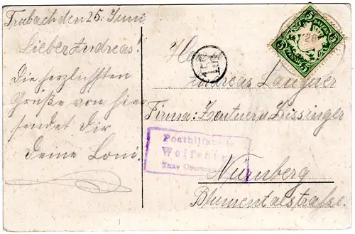 Bayern 1907, Posthilfstelle WOLFSBERG Taxe Obertrubach auf Karte m. 5 Pf.