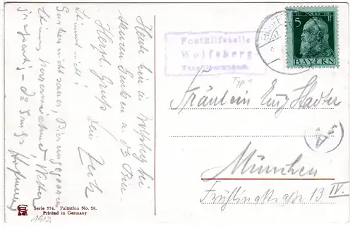 Bayern 1912, Posthilfstelle WOLFSBERG Taxe Obertrubach auf Karte m. 5 Pf.