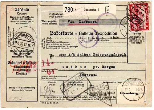 DR 1926, 3 Mk.+100+80 Pf. vorder- u. rs. auf Paketkarte v. Chemnitz n. Norwegen