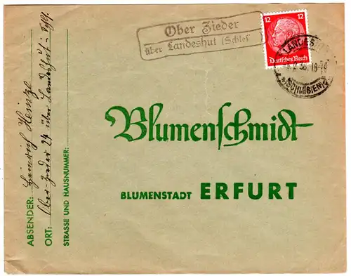 DR 1938, Landpost Stpl. OBER ZIEDER über Landeshut (Schles) auf Brief m. 12 Pfg.