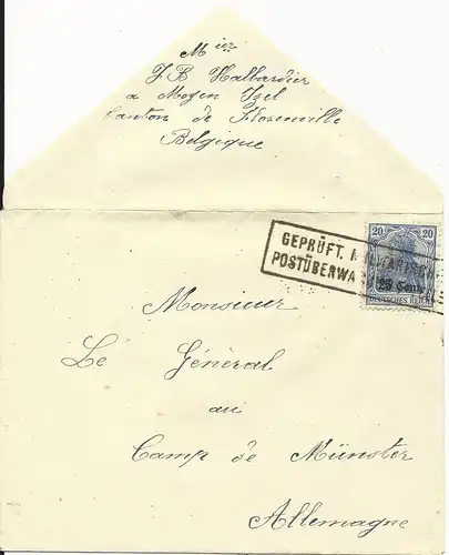 Dt. Bes. Belgien, 25 C./20 Pf. auf Brief m. Zensur Stpl. als Entwertung!