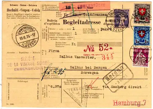Schweiz 1926, 4 Marken auf Wert Paketkarte v. Emmenbrücke n. Bergen, Norwegen 