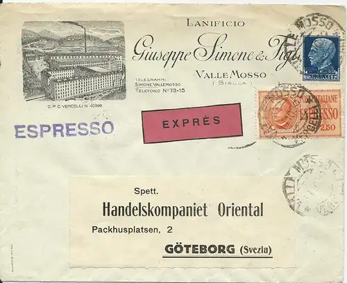 Italien 1939, illustrierter Express Brief v. Valle Mosso n. Schweden. #2147