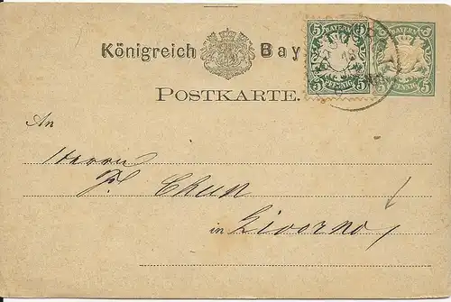 Bayern 1877, 5 Pf. "weite Welle" auf 5 Pf Ganzsache v. Augsburg n. Italien #2911