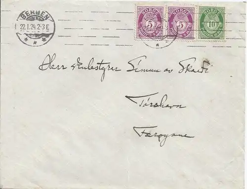 Norwegen 1943, 5+5+10 öre auf  Brief v. Bergen nach Thorshavn Faeroer. #2277