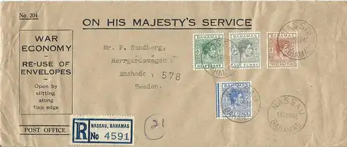 Bahamas 1940, offiz. War Economy Envelope, Einschreiben m. 4 Marken n. Schweden