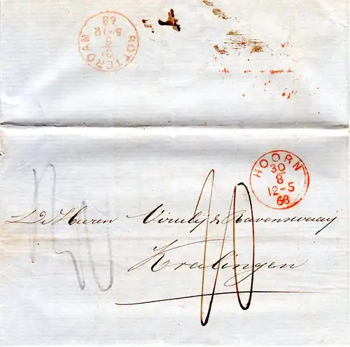 NL 1868, roter K1 HOORN auf Brief n. Kralingen. Gesamtporto "30" C.