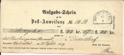 Bayern 1874, blauer HKS WEIDENTHAL auf Postschein f. Postanweisung