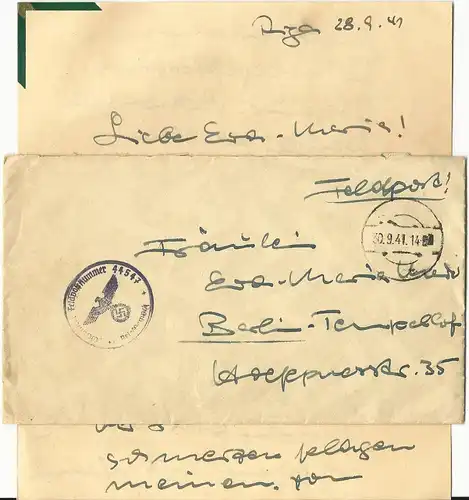 Feldpost WK II 1941, FP Brief m. Inhalt v. Riga Lettland u. stummem Stpl.